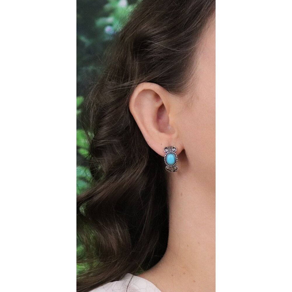 Sterling Silver Blue Turquoise Half Hoop Earrings Avon 3/4" x 3/8" - Picture 4 of 8